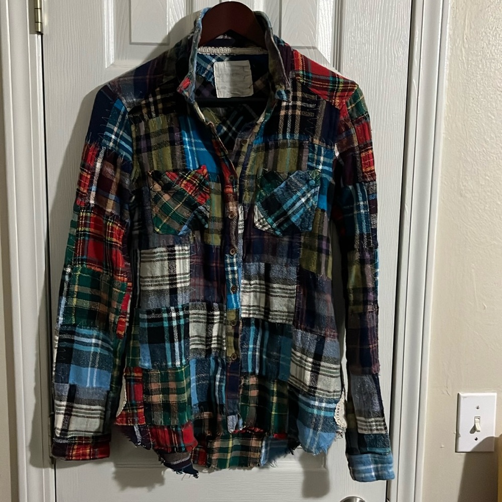 Free People We The Free Patchwork Lost In Plaid Flannel Shirt Button Down.